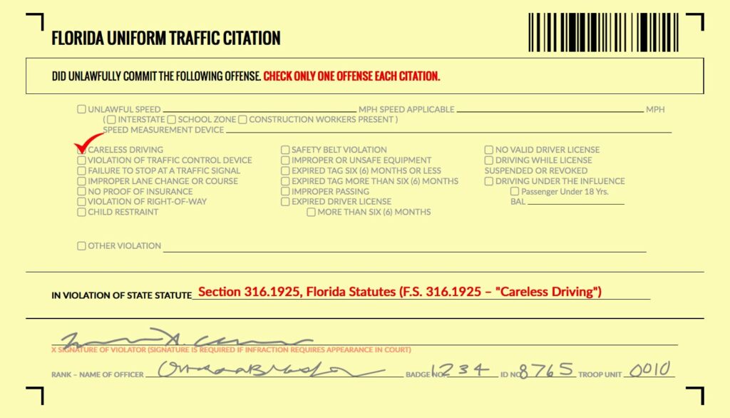 Copy of a Careless Driving Ticket